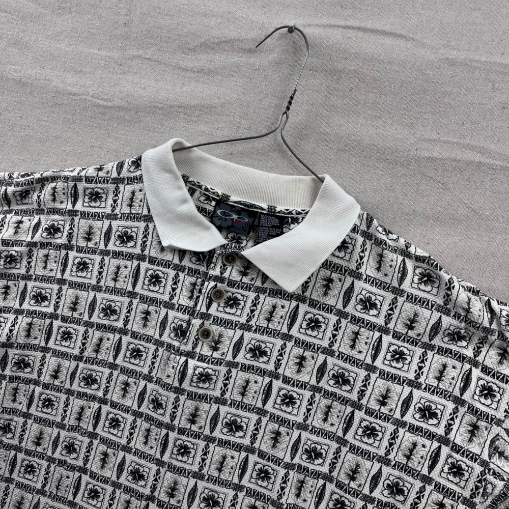 Vintage Ocean Pacific Polo Shirt Mens Large Cream Black Tropical Block Print